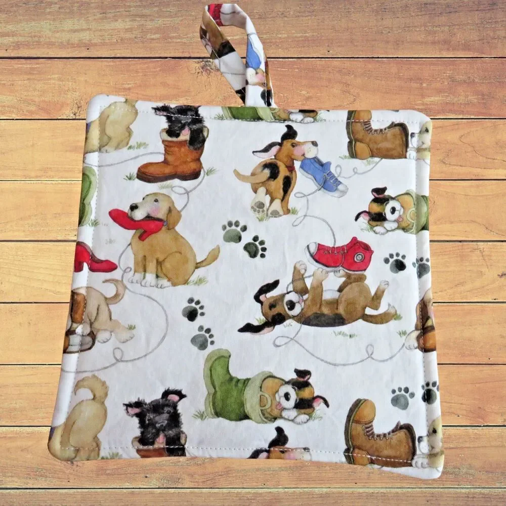 Handmade Potholder, Puppies and Shoes